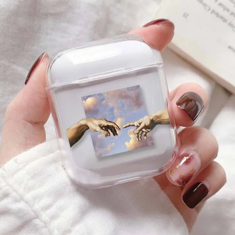 Transparent plastic AirPods protective case cover showing compatibility with AirPods and AirPods Pro
