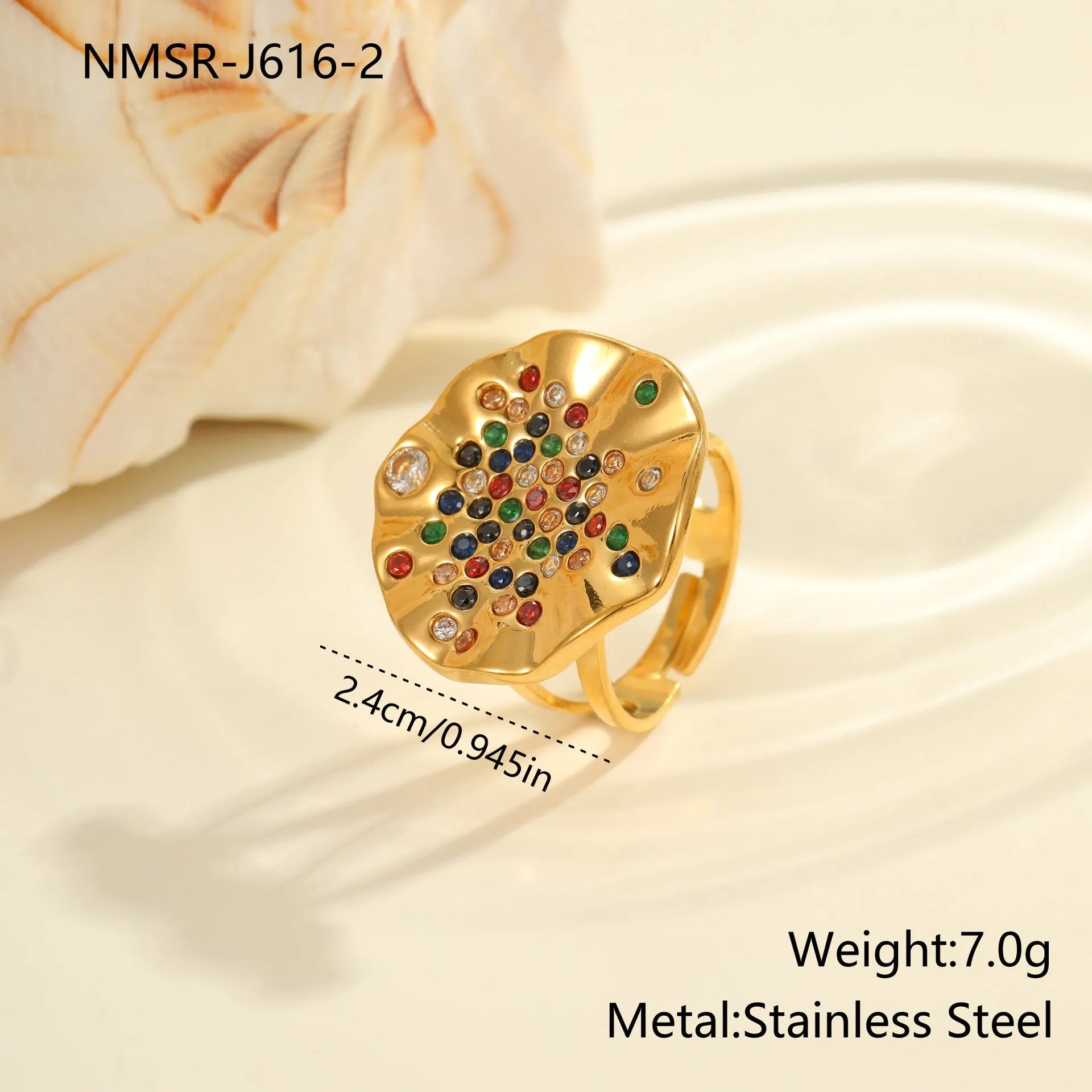 Open mouth geometric stainless steel ring with pleated detailing and colour diamond titanium accents