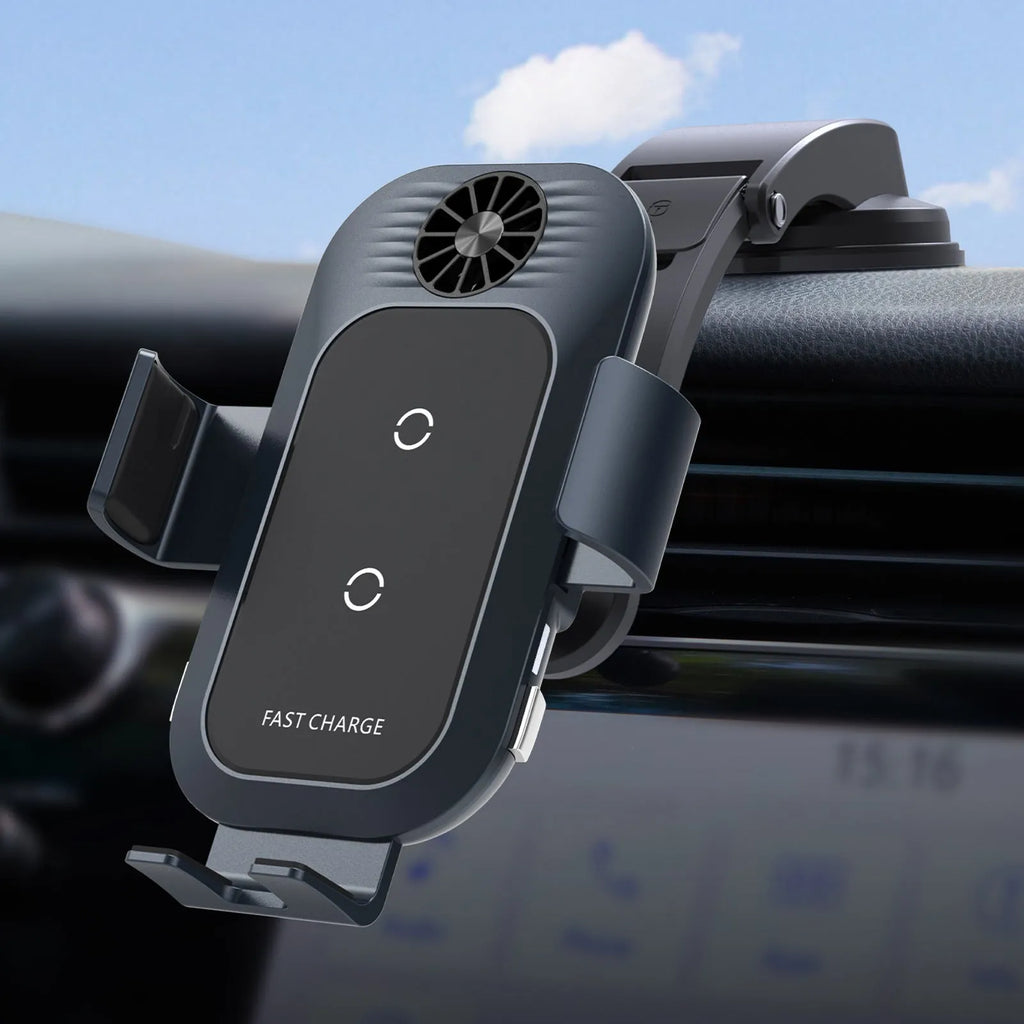 Car wireless charger mobile phone holder with suction cup air outlet mount, matte oil and acrylic lens finish, 15W fast charging