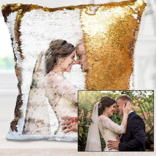 Custom photo sequins pillowcase 40x40cm gold reverse with uploaded picture displayed