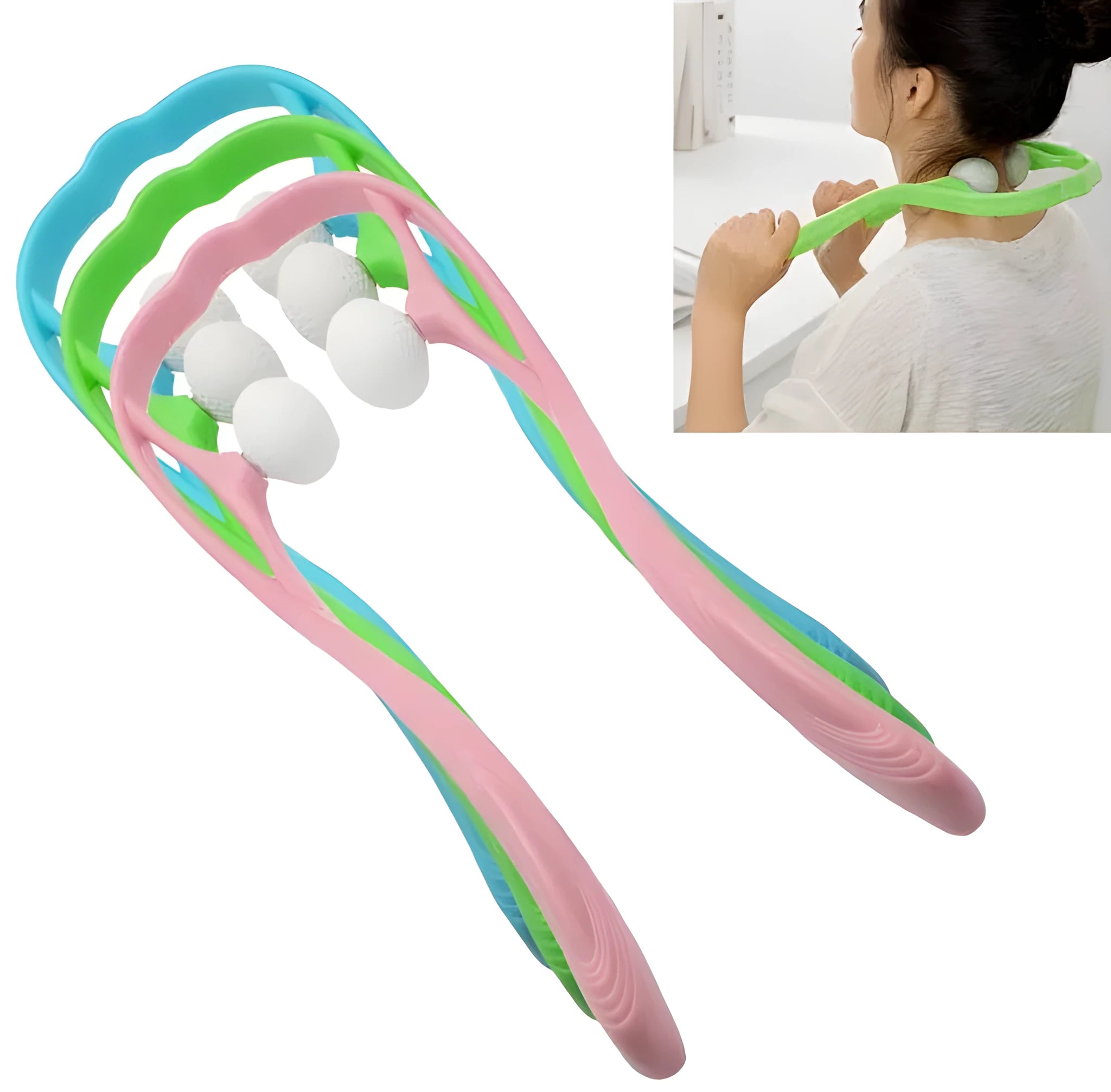 Blue plastic swan-shaped handheld neck massager with a flexible stand on a white background.