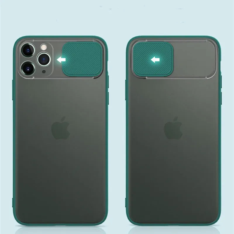 Sliding lens protective phone case for iPhone showing back cover with camera shutter open and closed.
