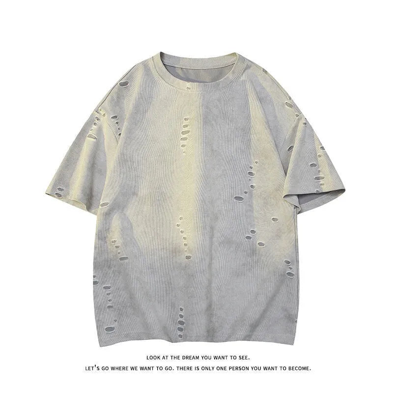Men's American leisure ripped short sleeve cotton blend top in blue with loose pullover fit