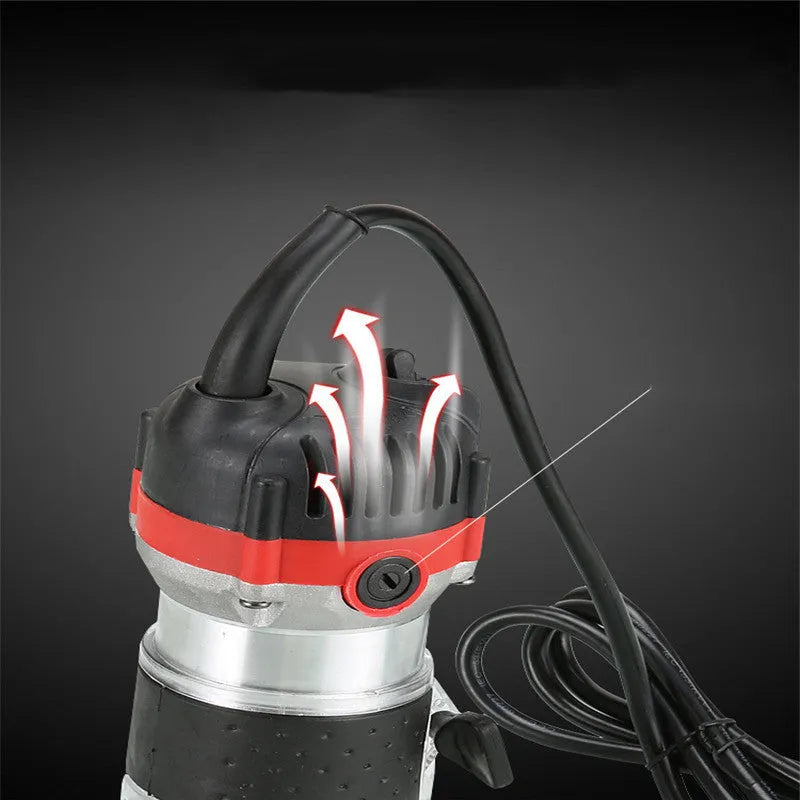 Electric wood polishing trimmer 800W with aluminium casing, 2cm processing depth, on workbench