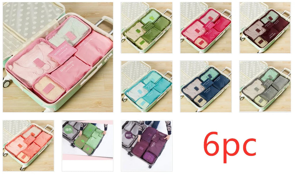 Waterproof nylon packing cube set with six bags in 8 colours for travel organisation