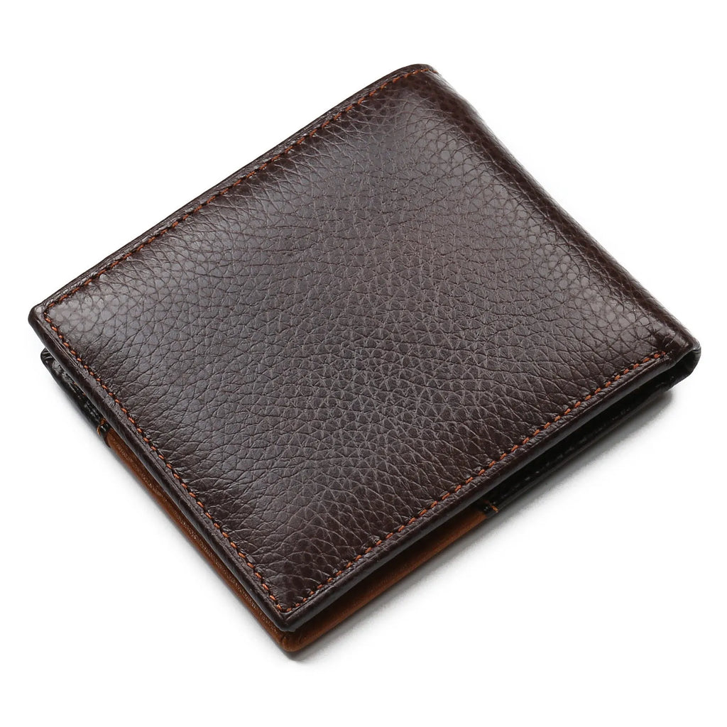 Brown cowhide leather men's wallet with car stitching detail showing multiple card slots and compartments