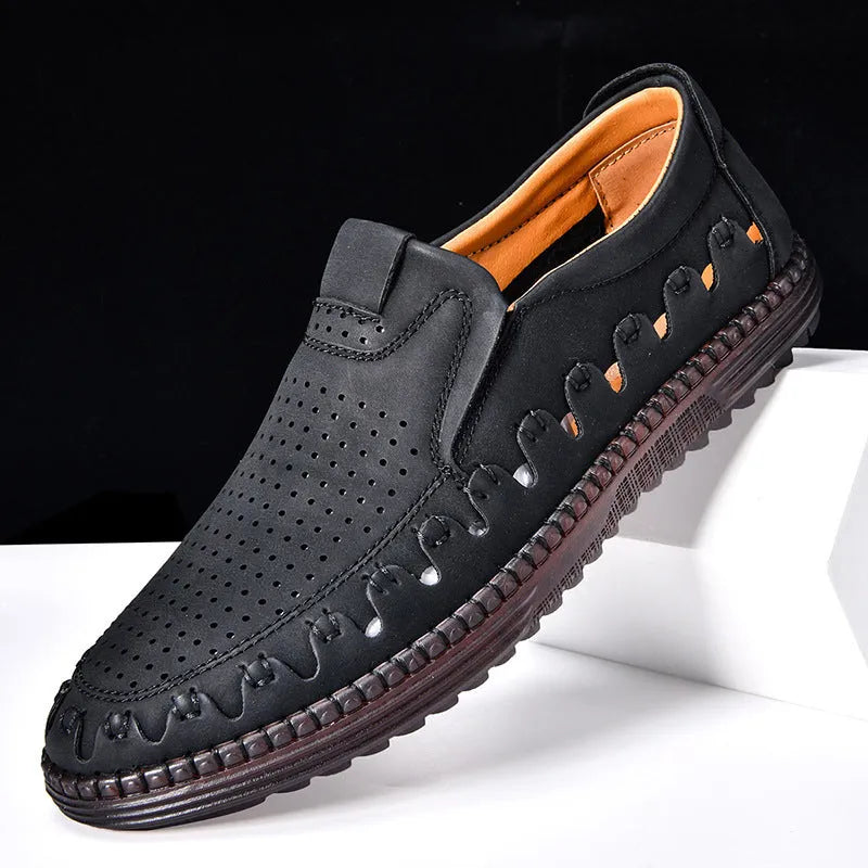 Men's brown slip-on casual shoes with artificial PU upper and flat PVC sole, showing sewing line details