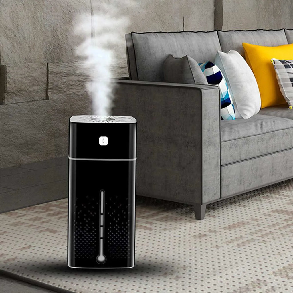 Black or white USB desktop humidifier measuring 103mm x 103mm x 218mm with 1000ml water capacity