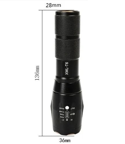 Portable mini LED zoom torch aluminium alloy body black colour adjustable focus 200-500 metre range outdoor flashlight