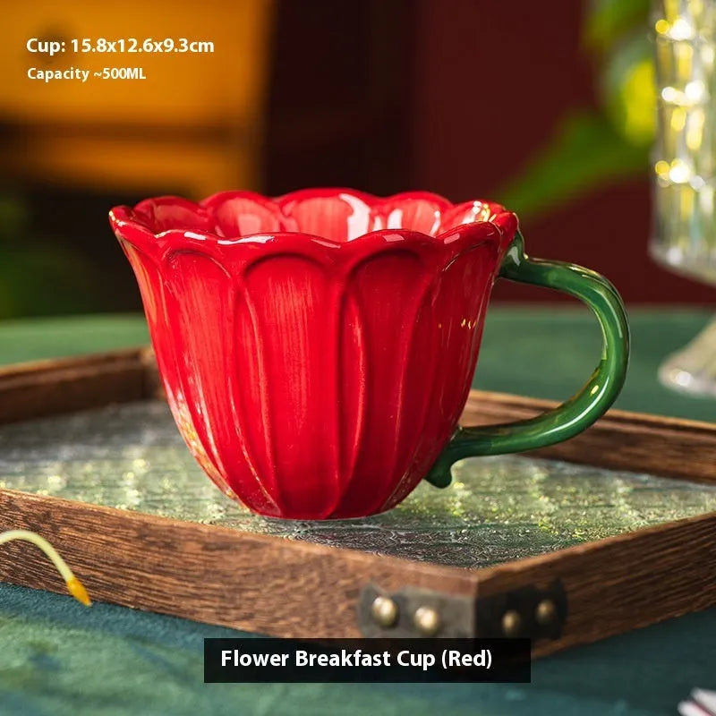 Ceramic breakfast cup with floral pattern in pastoral style, 500ml capacity