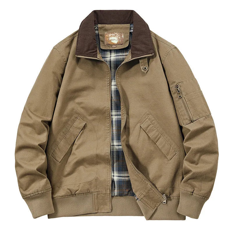 Men's camel washed cotton baseball jacket with a zip front and ribbed cuffs.