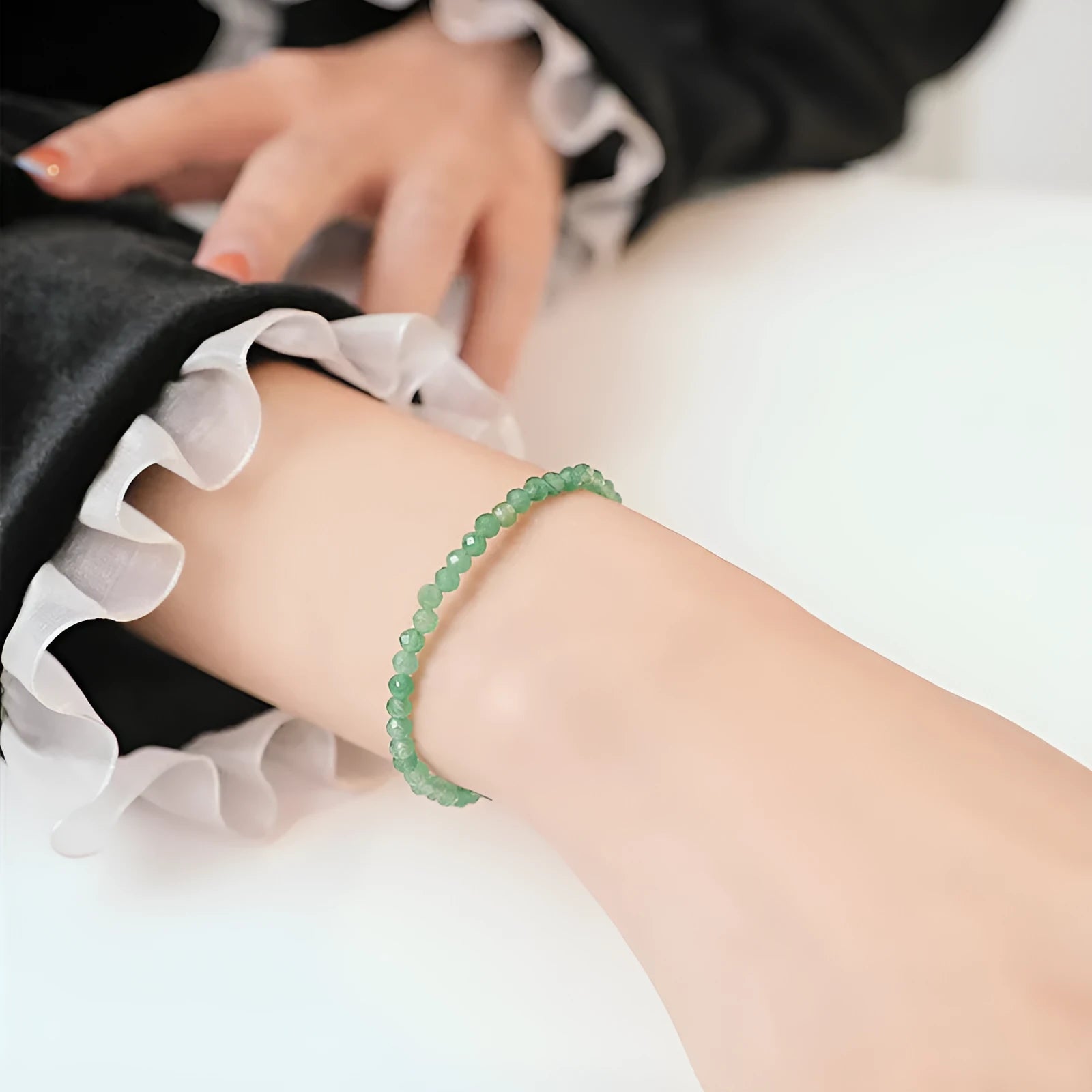 Handmade 3mm women's vintage jade bracelet on white background, natural stone beads, 15cm or 16cm lengths