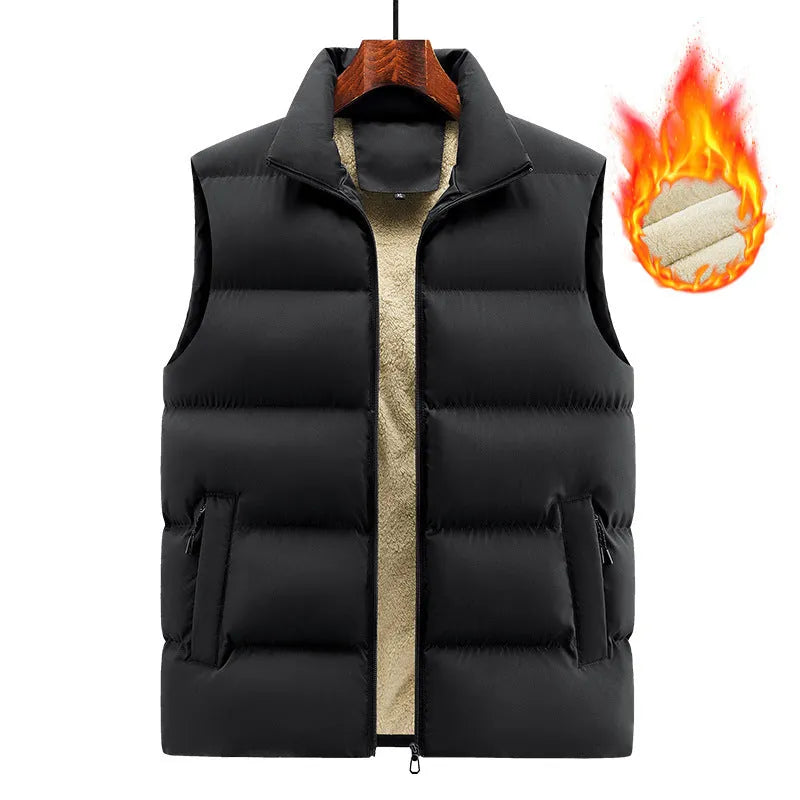 Man wearing a black and white stripe lambswool vest, a casual winter waistcoat.
