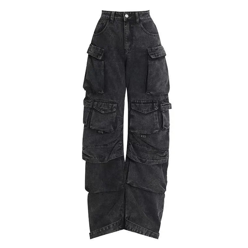 Women's blue tie-dyed wide-leg high-waist jeans with multiple pockets on a street hipster style denim overall.