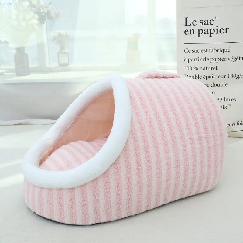 Thickened three-dimensional cat nest macaron double-piece warm pet bed in pink cloth
