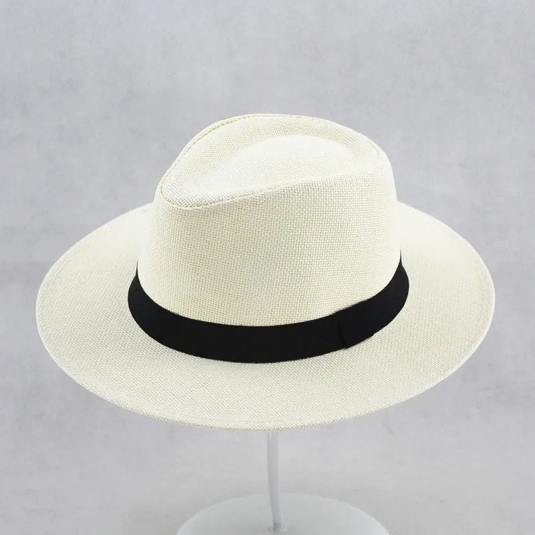 Men's paper straw wide brim top hat with flat crown and 58cm circumference in khaki