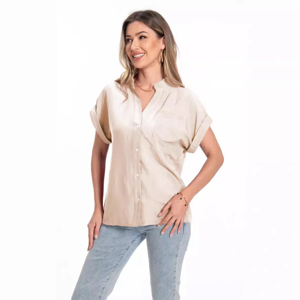 Women's stand collar button front short sleeve loose summer top in black polyester