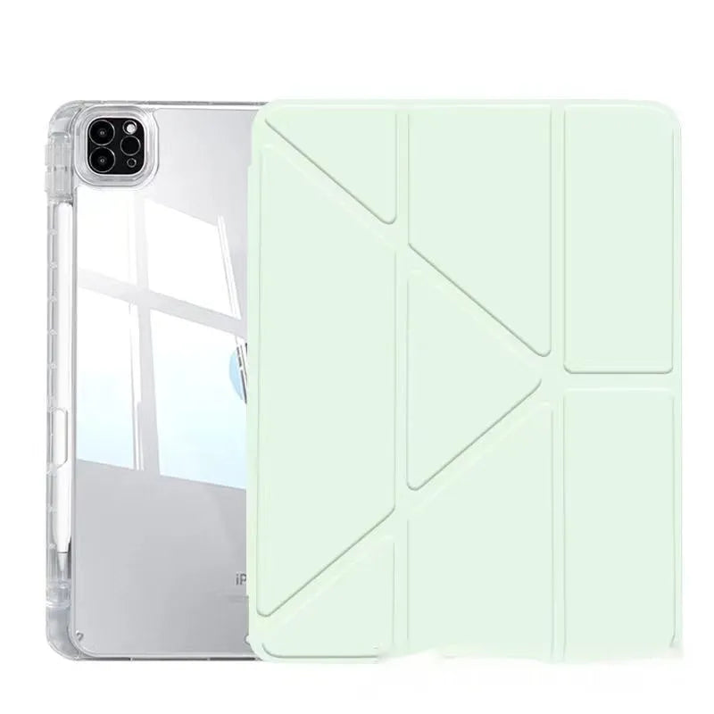 Transparent acrylic iPad protective cover showing magnetic attachment points and built-in viewing bracket