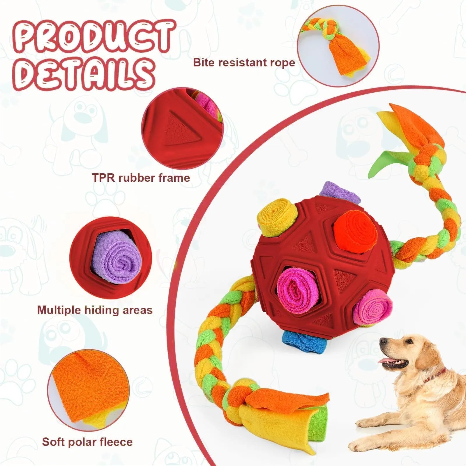 Bite-resistant rubber sniffing ball dog puzzle toy with holes for treat hiding
