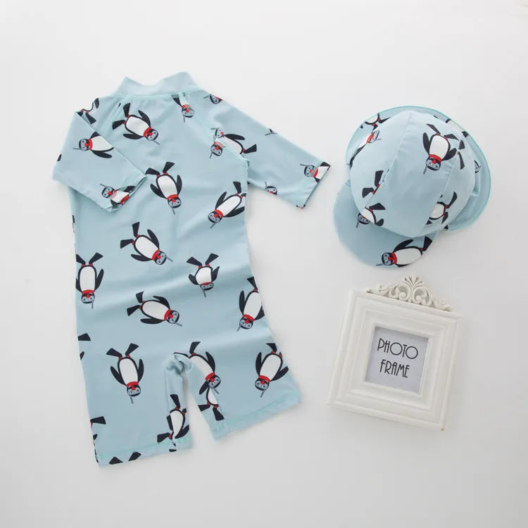Boys' long sleeve swimming costume two-piece set with swim cap in penguin pattern