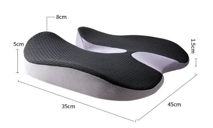 Curved bevel seat cushion with memory foam core for tailbone support during driving