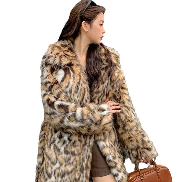Faux fur coat with fox pattern styling and fur collar in long coat style