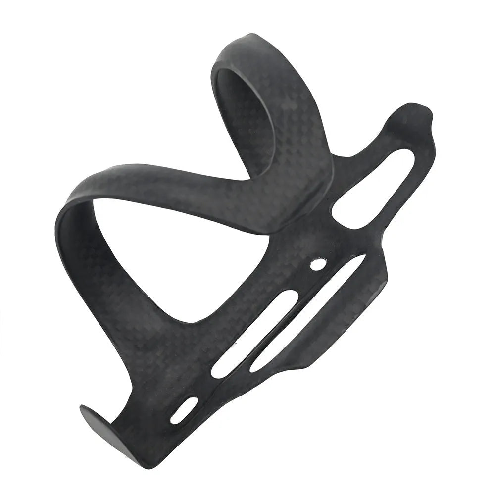 Black carbon fibre side pull water bottle cage for bicycles on a bike frame.