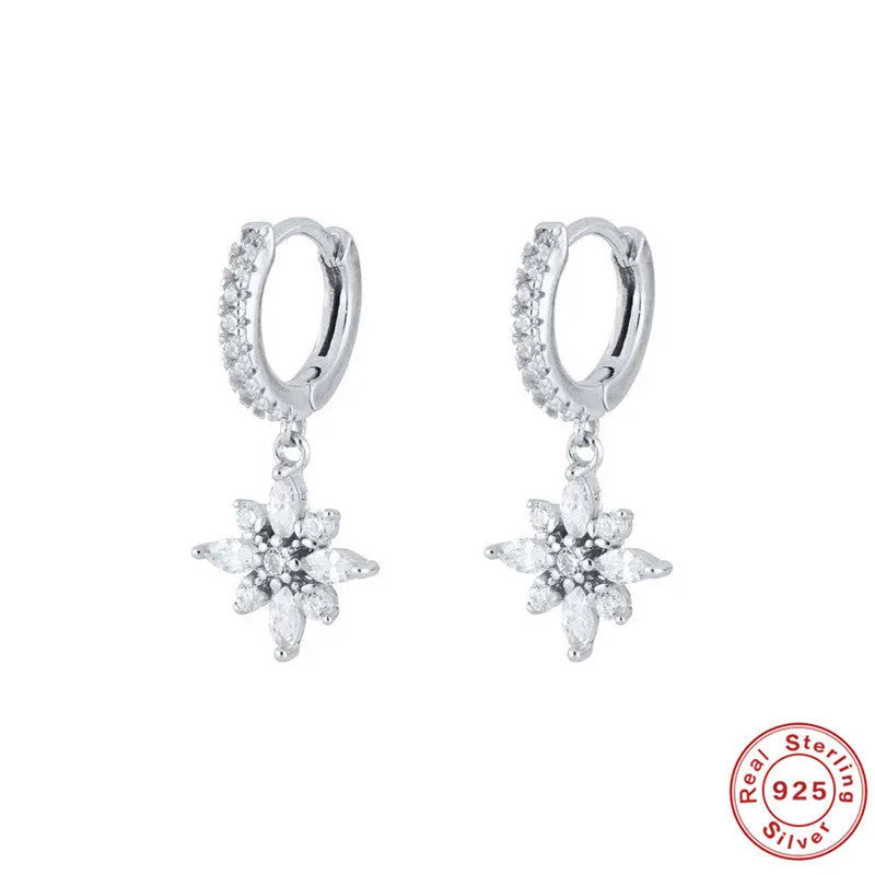 Women's S925 sterling silver geometric snowflake pendant earrings with gemstone inlays