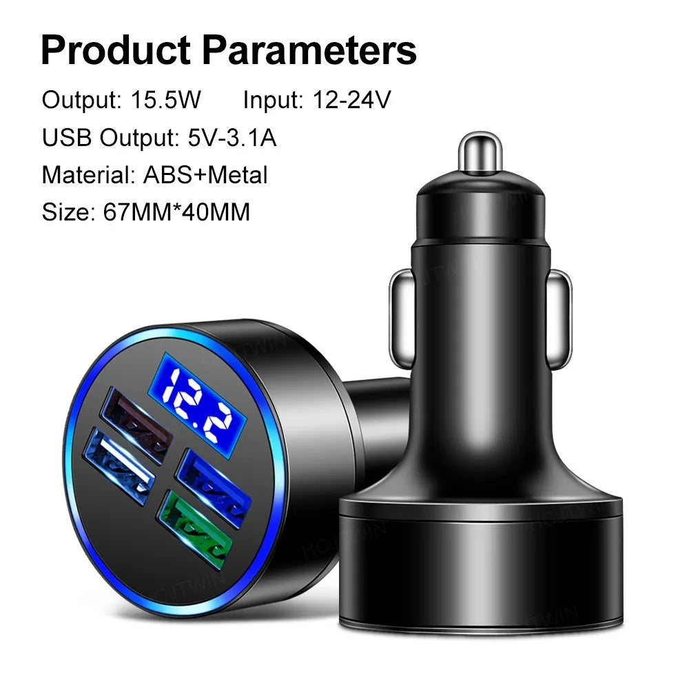 Black multi-port car charger for 12-24V vehicles with 3100mA output capacity
