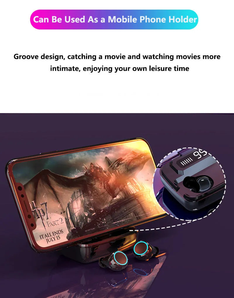 Black M11 Bluetooth wireless headset with digital display and magnetic charging case