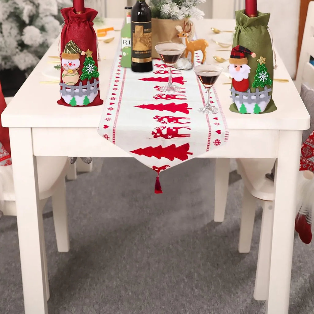 Christmas cotton linen table runner with elk and snowman design, 35x180cm