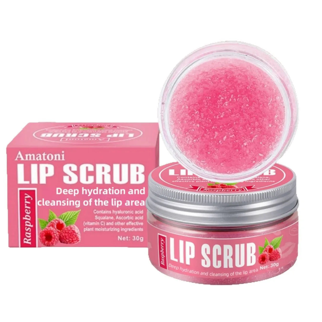 Amatoni Lip Scrub jar in one of four flavours: Coconut, Raspberry, Vanilla, or Watermelon, 30g net weight.