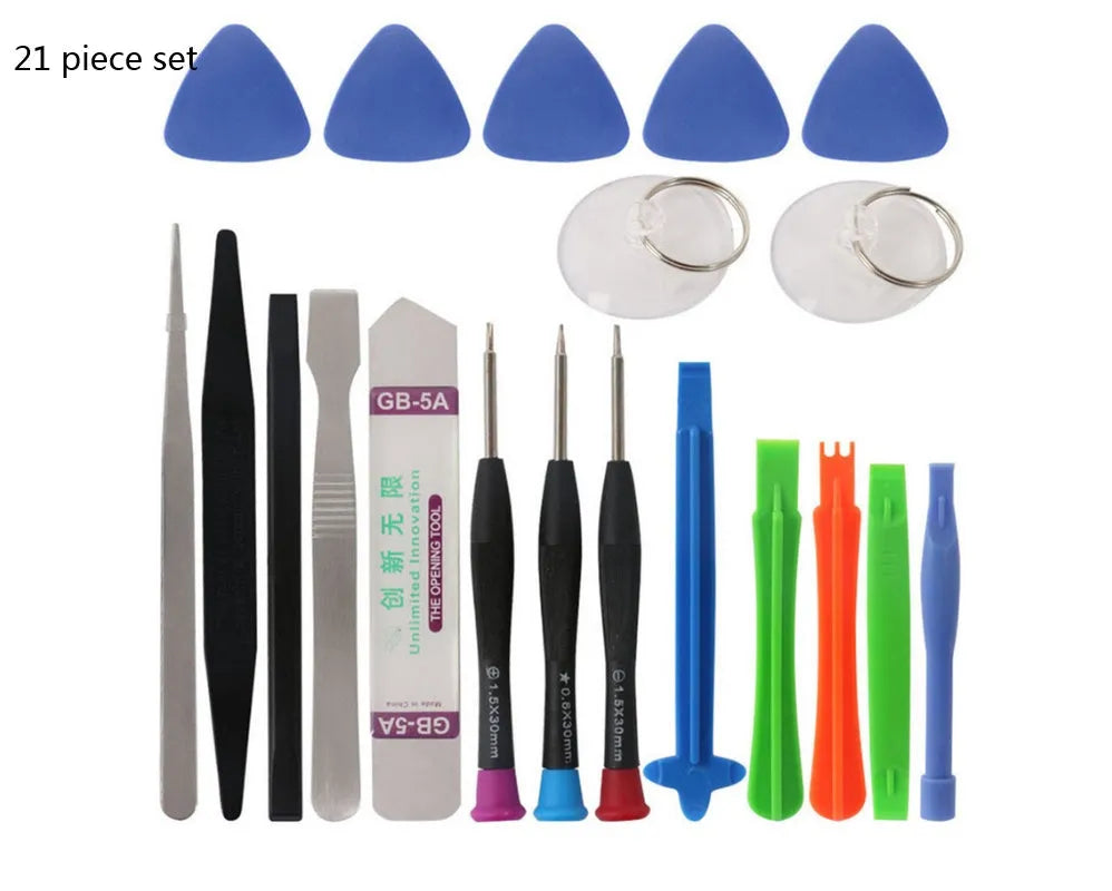21 piece mobile phone disassembly tool set with chrome vanadium alloy steel screwdrivers, plastic spudgers, and suction cups for iPhone repair