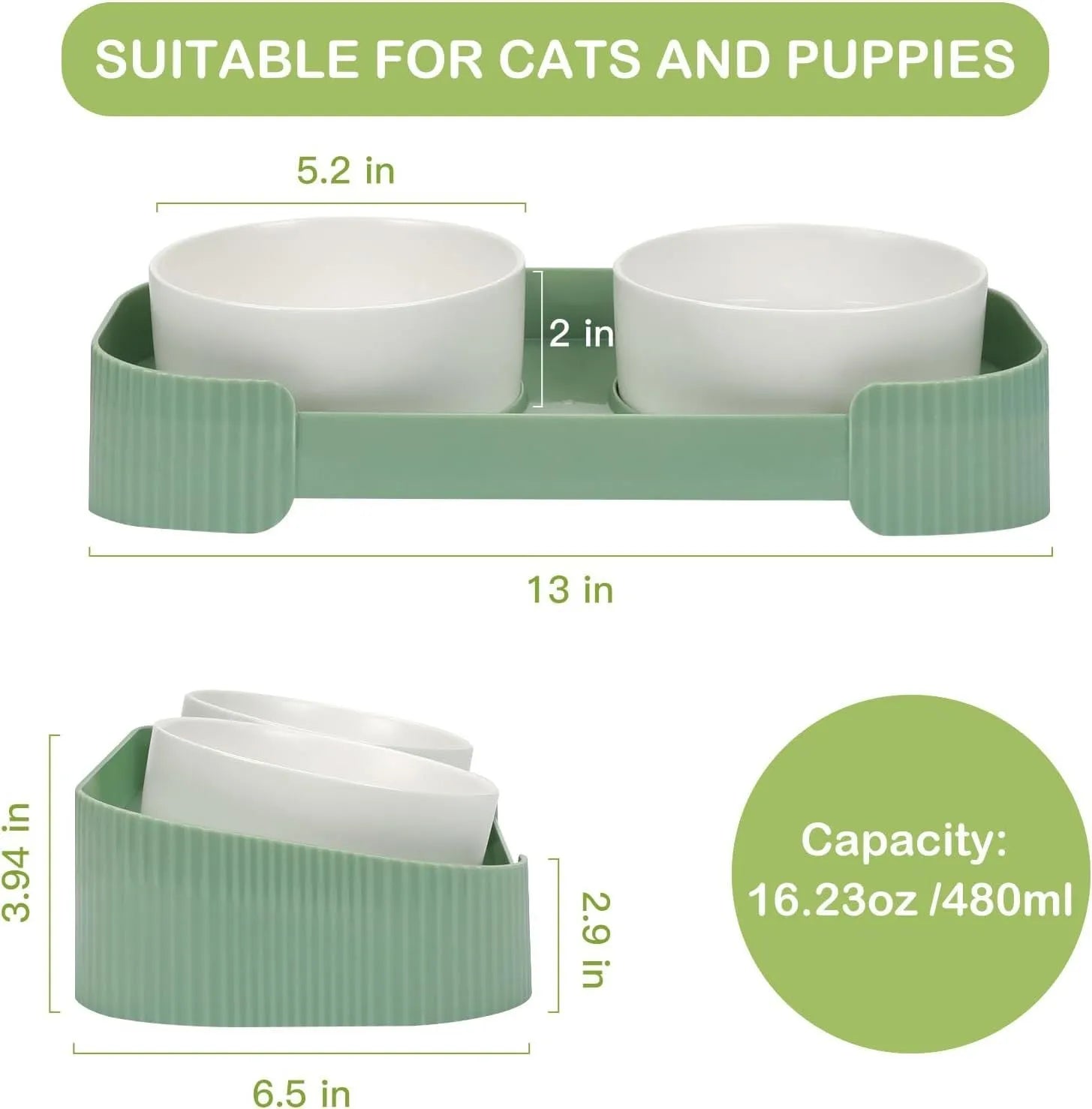 White ceramic elevated cat feeder with two bowls on a tilted stand.