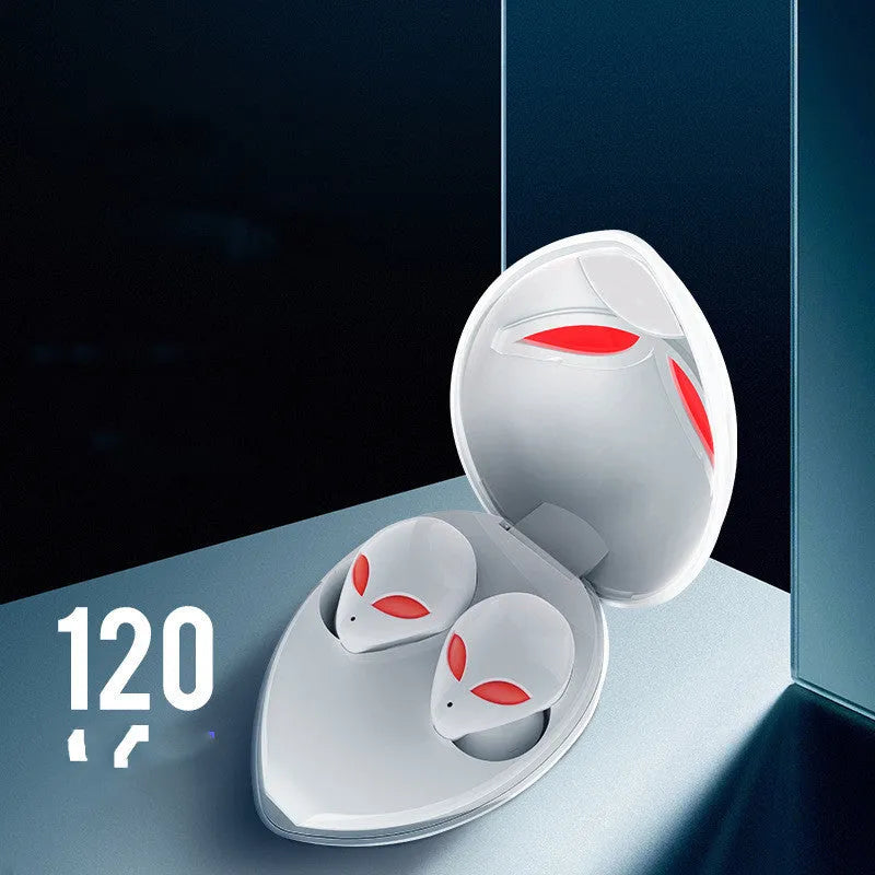 Creative Outer T8 Starman alien design wireless Bluetooth earphones in black and white with charging case.