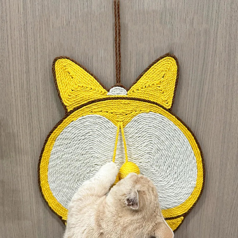 Yellow sisal cat scratching board with Corgi dog butt design, shown on a floor with a cat.