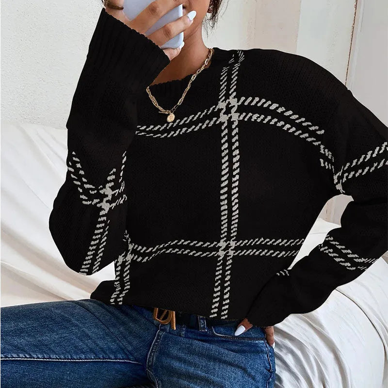 Women's loose fit plaid colour-block acrylic pullover sweater in apricot black beige stripes design