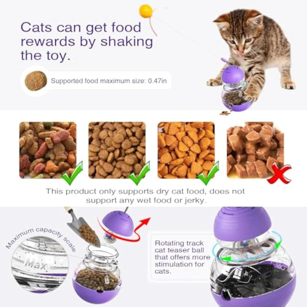 Electric yellow cat interactive wand toy with slow feeder, green rope tires, and light-up balls.