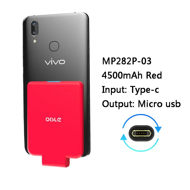 4500mAh back clip battery for iPhone Android Type-C in black, compact size 90mm x 61mm x 9mm