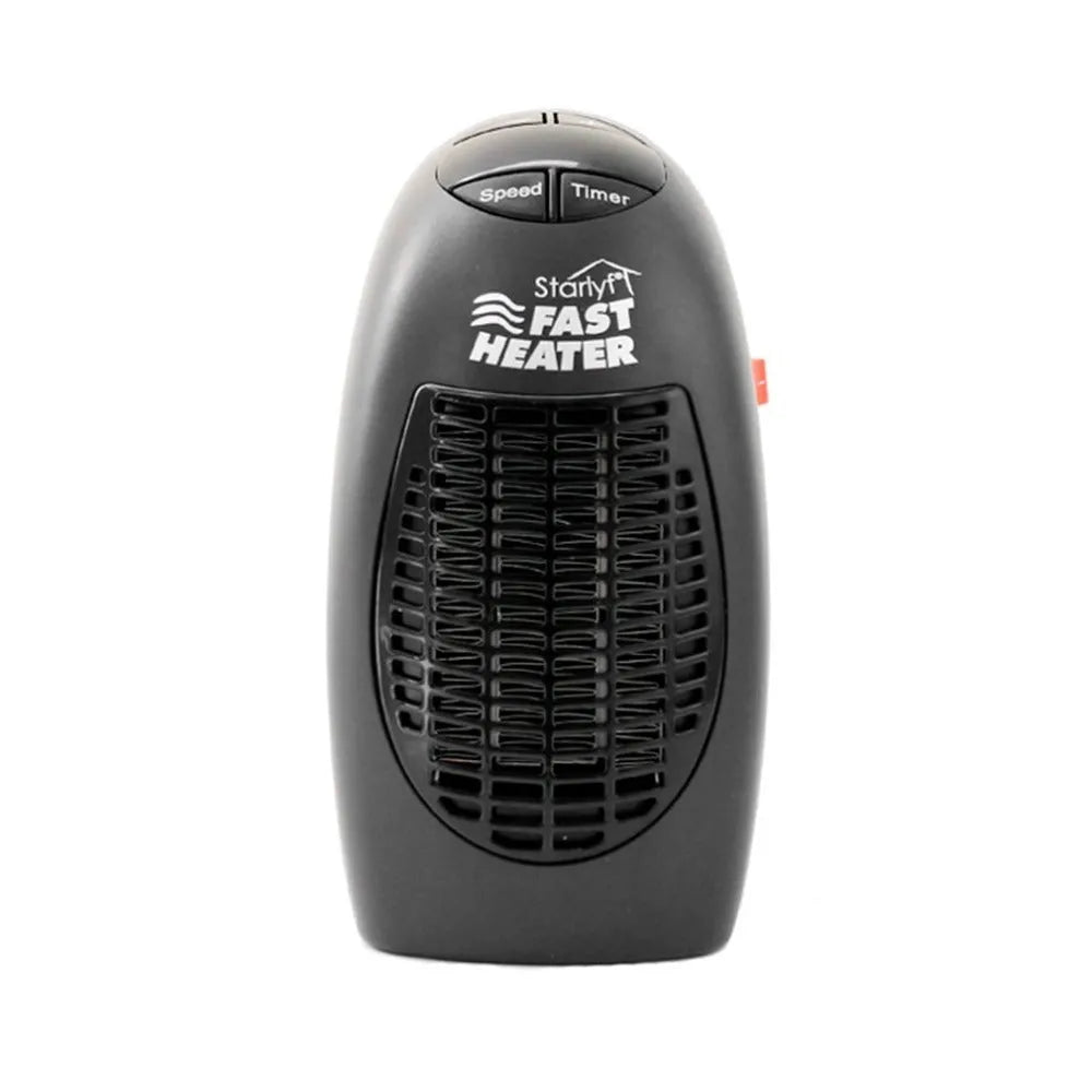 Black portable electric ceramic heater with digital display and rotating plug on a table