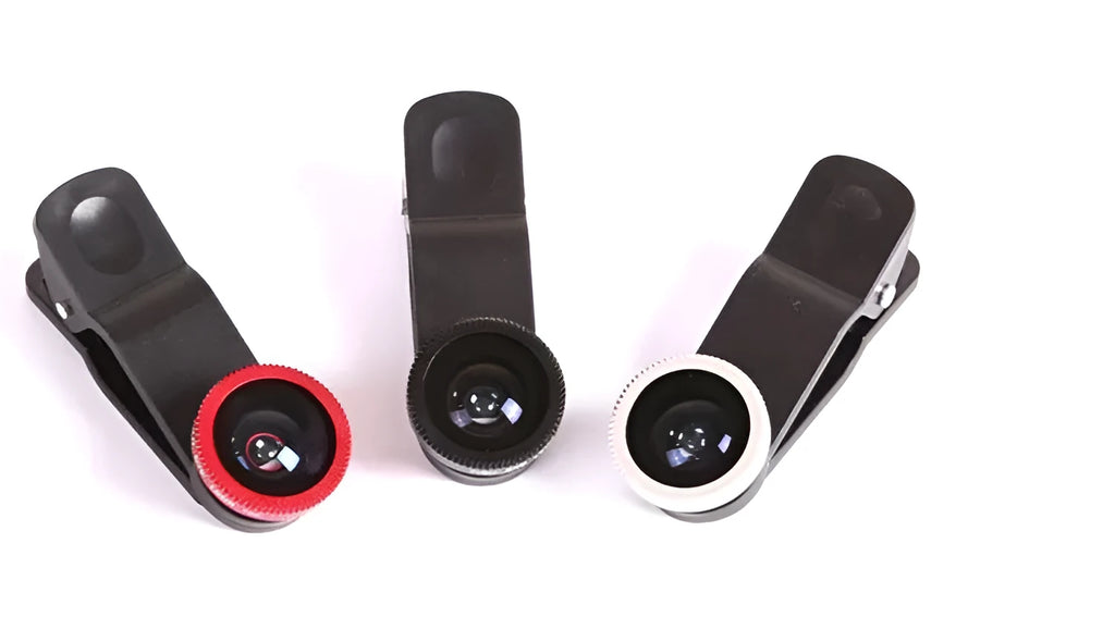 Mini camera lens clip for mobile phone in black, blue, gold, purple, red, and silver colours