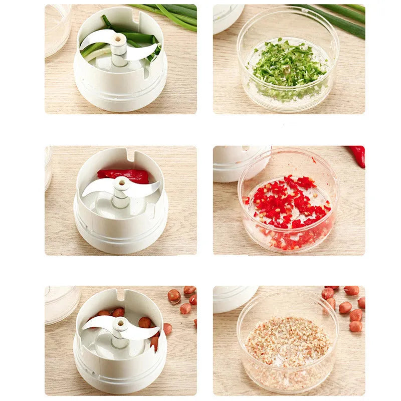 Manual cutting meat grinder with white plastic body and 304 stainless steel blade, compact size 8.5x7 cm