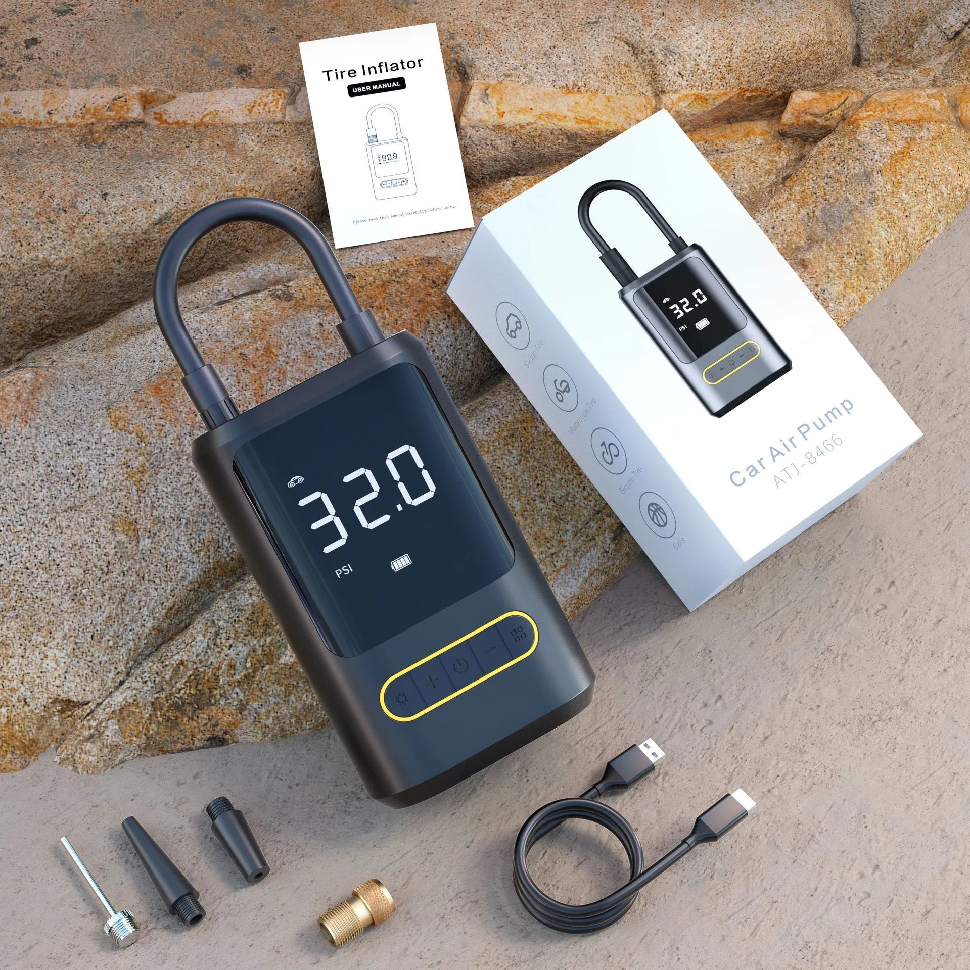 Handheld wireless digital display air pump with LED light and assortment of air nozzles