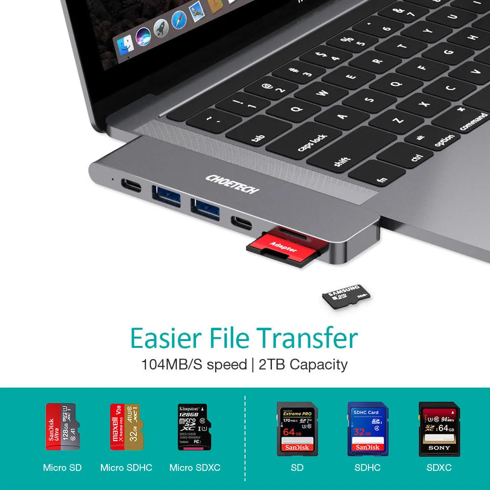 Silver aluminum Type C adapter with SD slot, HDMI port, and USB ports on a white background