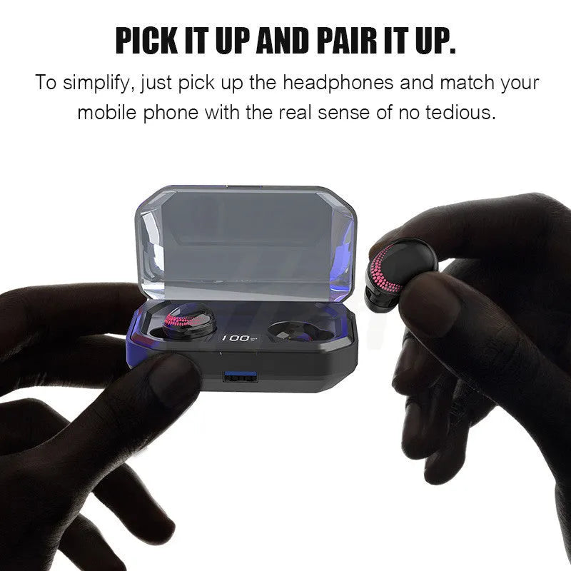 Black X10 Bluetooth wireless headset and its compact charging case on a white background.