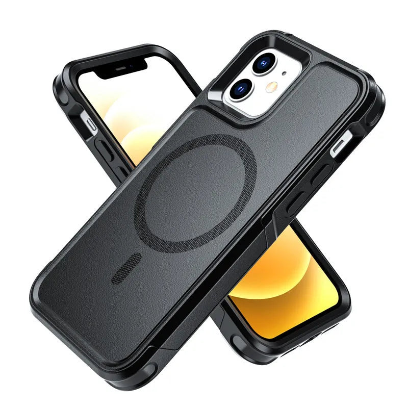 Shatterproof magnetic phone case for iPhone 12 13 series – black PC TPU back cover