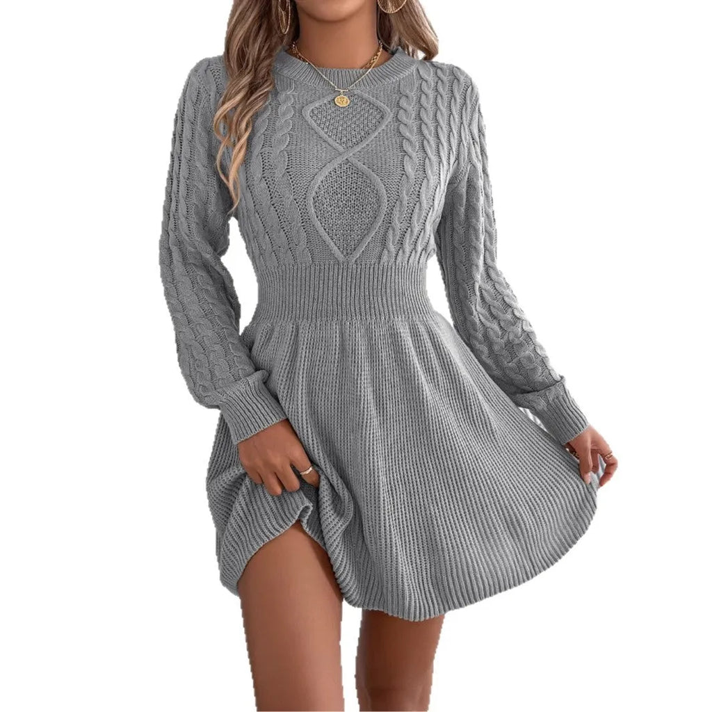 Black solid color twist waist lantern long sleeve sweater dress made of artificial fur and acrylic