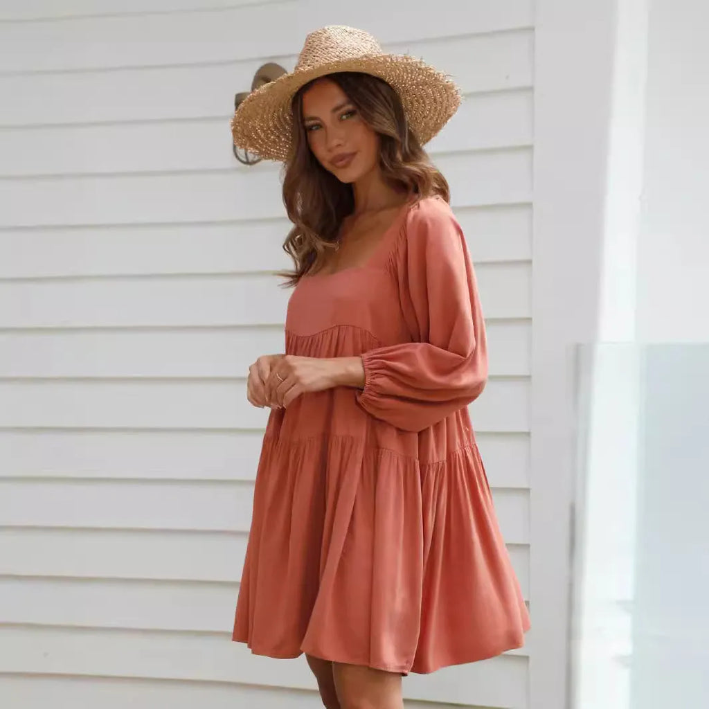 Children's square collar puff sleeve backless pullover dress in orange or light blue with A-line skirt