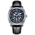 Men's automatic mechanical watch with stainless steel case and blue leather strap showing 14mm thickness