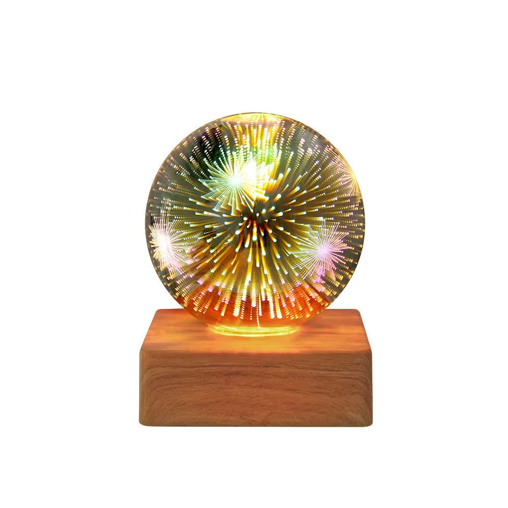 USB 3D firework crystal ball night light with touch control on a wooden table, warm LED glow effect